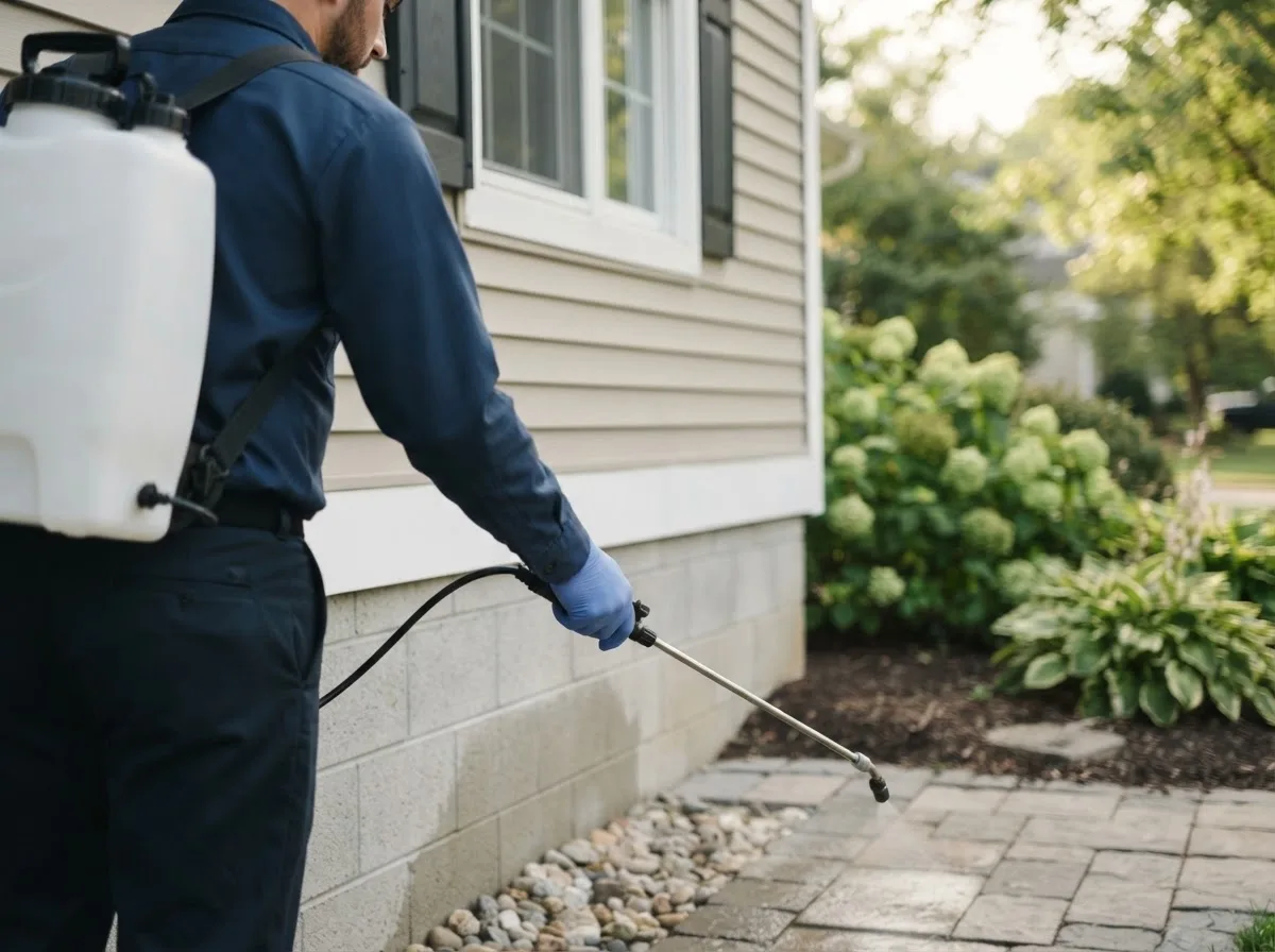 Pest control technician inspecting a home in Stratton, OH